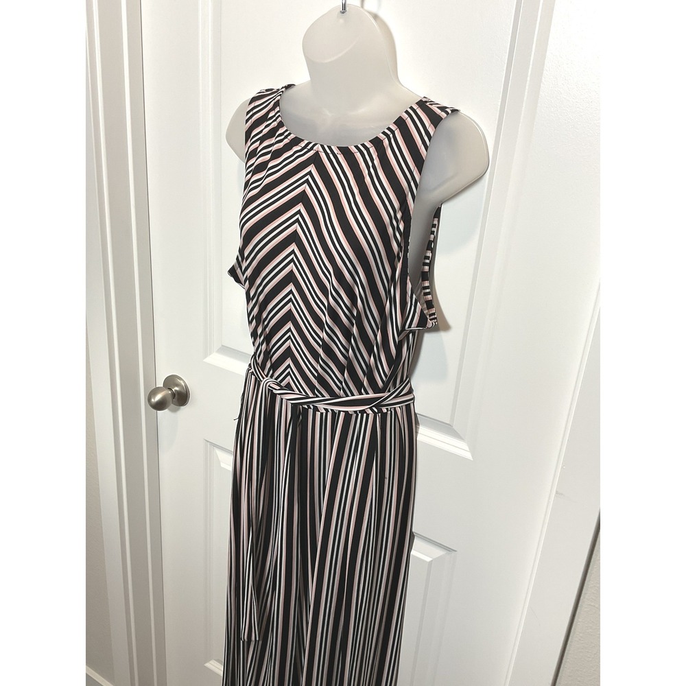 Du Jour Striped Maxi Dress Jumpsuit Black‎ Pink White XL Sleeveless Belted